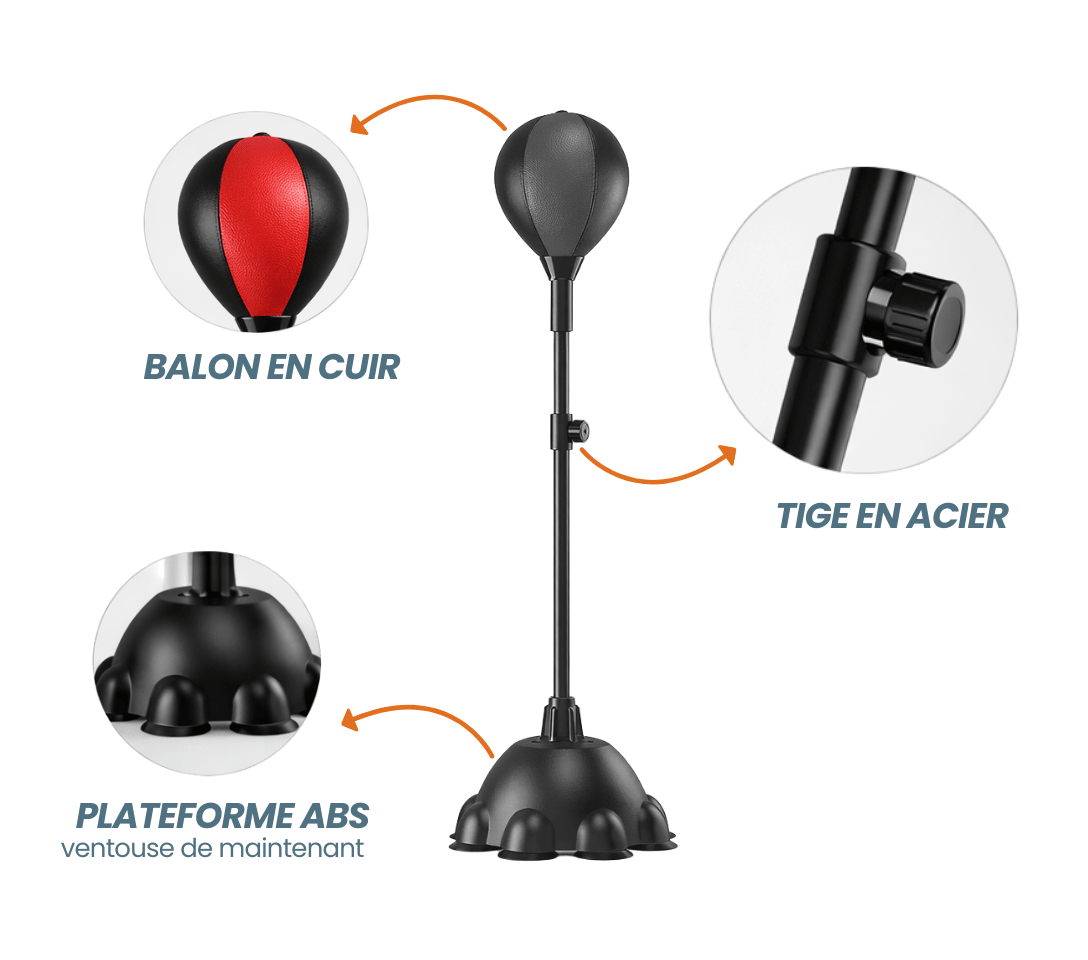 Punching - ball FLOORMASTER — Stabilité renforcée (8 ventouses) — Réglable 110→160 cm — Enfant & Adulte - Strikecorner